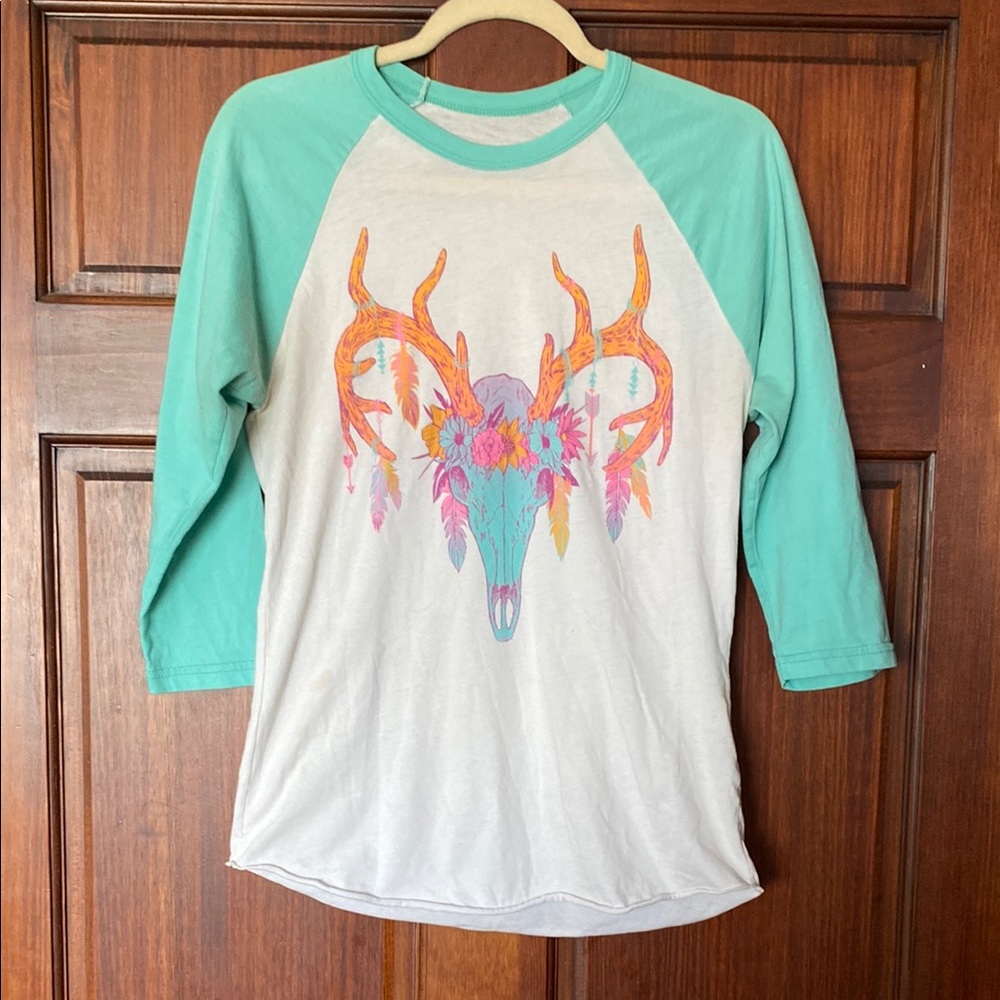 Teal and White Raglan Shirt with Deer Skull Design